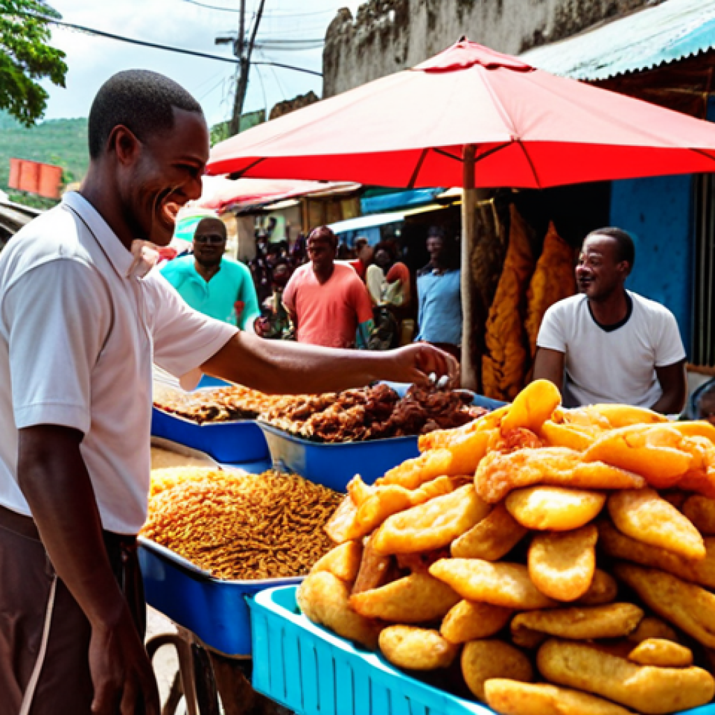 **

A vibrant and colorful market scene in Haiti, showcasing a "fritay" stand. Various fried foods like plantains, sweet potatoes, and meats are piled high, with a vendor smiling and interacting with customers. Focus on the textures of the fried foods and the bustling atmosphere of the street food scene.

**