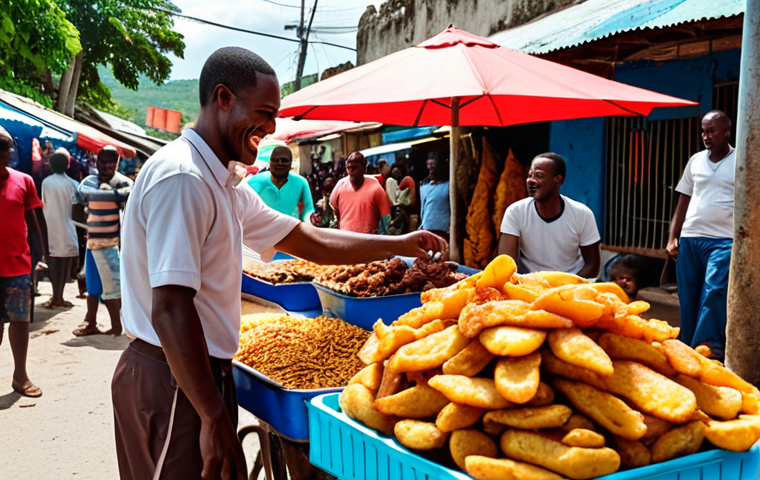 **

A vibrant and colorful market scene in Haiti, showcasing a "fritay" stand. Various fried foods like plantains, sweet potatoes, and meats are piled high, with a vendor smiling and interacting with customers. Focus on the textures of the fried foods and the bustling atmosphere of the street food scene.

**