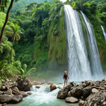A breathtaking view of Saut-Mathurine, Haiti's largest waterfall, cascading powerfully amidst lush green jungle. Capture the adventure of hiking through the dense foliage with a camera, emphasizing the wild beauty and countless photo opportunities. Include comfortable shoes and plenty of water in the frame.