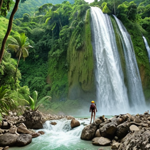 A breathtaking view of Saut-Mathurine, Haiti's largest waterfall, cascading powerfully amidst lush green jungle. Capture the adventure of hiking through the dense foliage with a camera, emphasizing the wild beauty and countless photo opportunities. Include comfortable shoes and plenty of water in the frame.