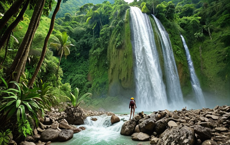 A breathtaking view of Saut-Mathurine, Haiti's largest waterfall, cascading powerfully amidst lush green jungle. Capture the adventure of hiking through the dense foliage with a camera, emphasizing the wild beauty and countless photo opportunities. Include comfortable shoes and plenty of water in the frame.