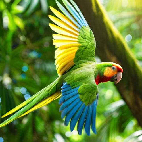 **Prompt:** Colorful Hispaniolan Amazon parrot flying through lush green rainforest canopy, Dominican Republic, vibrant feathers, bright sunlight, bokeh.
