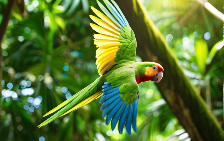 **Prompt:** Colorful Hispaniolan Amazon parrot flying through lush green rainforest canopy, Dominican Republic, vibrant feathers, bright sunlight, bokeh.
