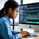 A focused young adult IT student, wearing modest, comfortable, professional-casual attire, sitting at a modern desk in a well-lit, clean university computer lab. They are engrossed in work on a laptop, surrounded by dual monitors displaying lines of code and abstract data visualizations. A subtle, encouraging glow around them symbolizes intellectual growth and the alleviation of financial stress. This image conveys a bright future and concentration on studies, safe for work, appropriate content, fully clothed, professional, perfect anatomy, correct proportions, natural pose, well-formed hands, proper finger count, natural body proportions, high-quality photograph, studio lighting, detailed, realistic.