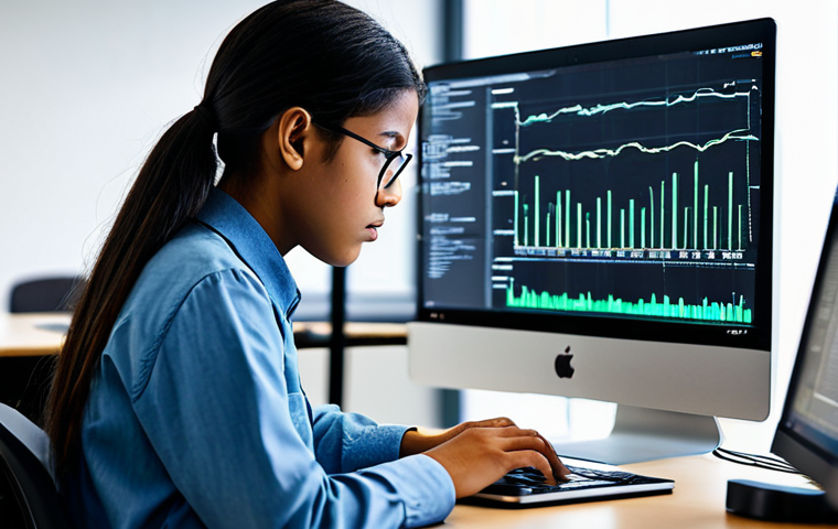 A focused young adult IT student, wearing modest, comfortable, professional-casual attire, sitting at a modern desk in a well-lit, clean university computer lab. They are engrossed in work on a laptop, surrounded by dual monitors displaying lines of code and abstract data visualizations. A subtle, encouraging glow around them symbolizes intellectual growth and the alleviation of financial stress. This image conveys a bright future and concentration on studies, safe for work, appropriate content, fully clothed, professional, perfect anatomy, correct proportions, natural pose, well-formed hands, proper finger count, natural body proportions, high-quality photograph, studio lighting, detailed, realistic.