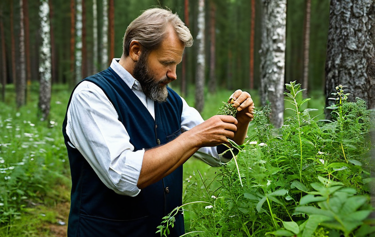 **
"A skilled herbalist, fully clothed in professional attire, carefully harvesting medicinal herbs in a lush Swedish forest. The scene should be bathed in the soft light of a summer afternoon. Focus on the detail of the plant life and the herbalist's knowledgeable expression. Safe for work, appropriate content, professional, modest, perfect anatomy, natural proportions, well-formed hands, proper finger count, natural body proportions, high quality, professional photography, family-friendly."
**